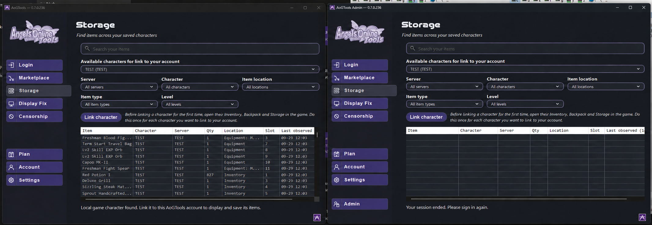 AOTools Storage with anonymized character and server names, search filters and saved item rows